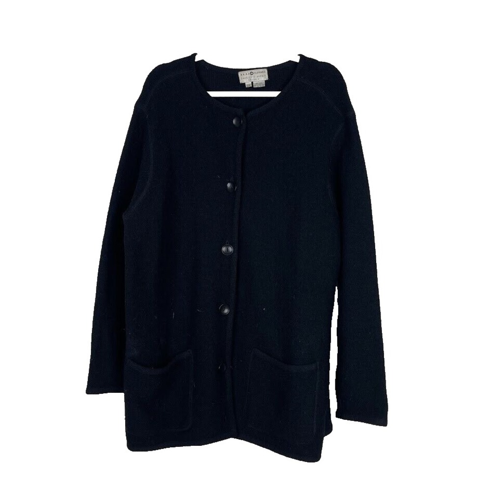 Saks Fifth Ave Vintage Womens Size 2X Cardigan Sweater 100% Wool Button Up Black
